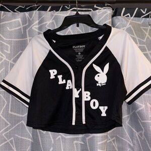 Playboy Black & White Cropped Baseball Jersey Top